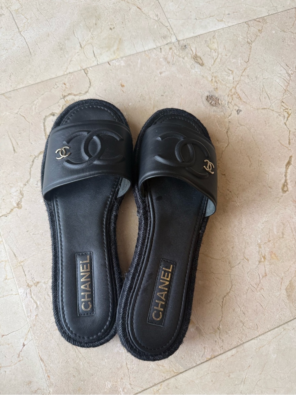 CHANEL Black Leather CC Slide Sandals with Gold Accents